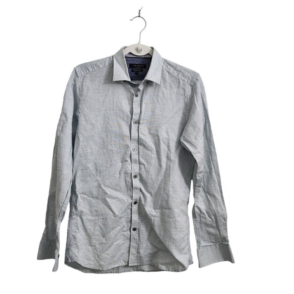 Ted Baker London Shirt‎ Mens Size 15 Aqua Linen Blend Flip Cuff Button Down